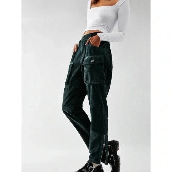 NWT Free People London Calling Slouchy Cord Jeans Pants We The Free Green Pine - Picture 1 of 14
